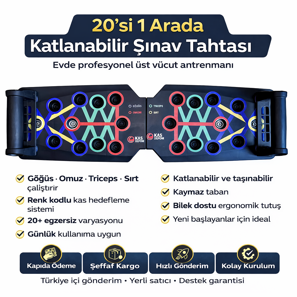 Kas Depom® Katlanabilir 20'si 1 Arada Şınav Tahtası | Çok Fonksiyonlu Fitness Kondisyon Aleti
