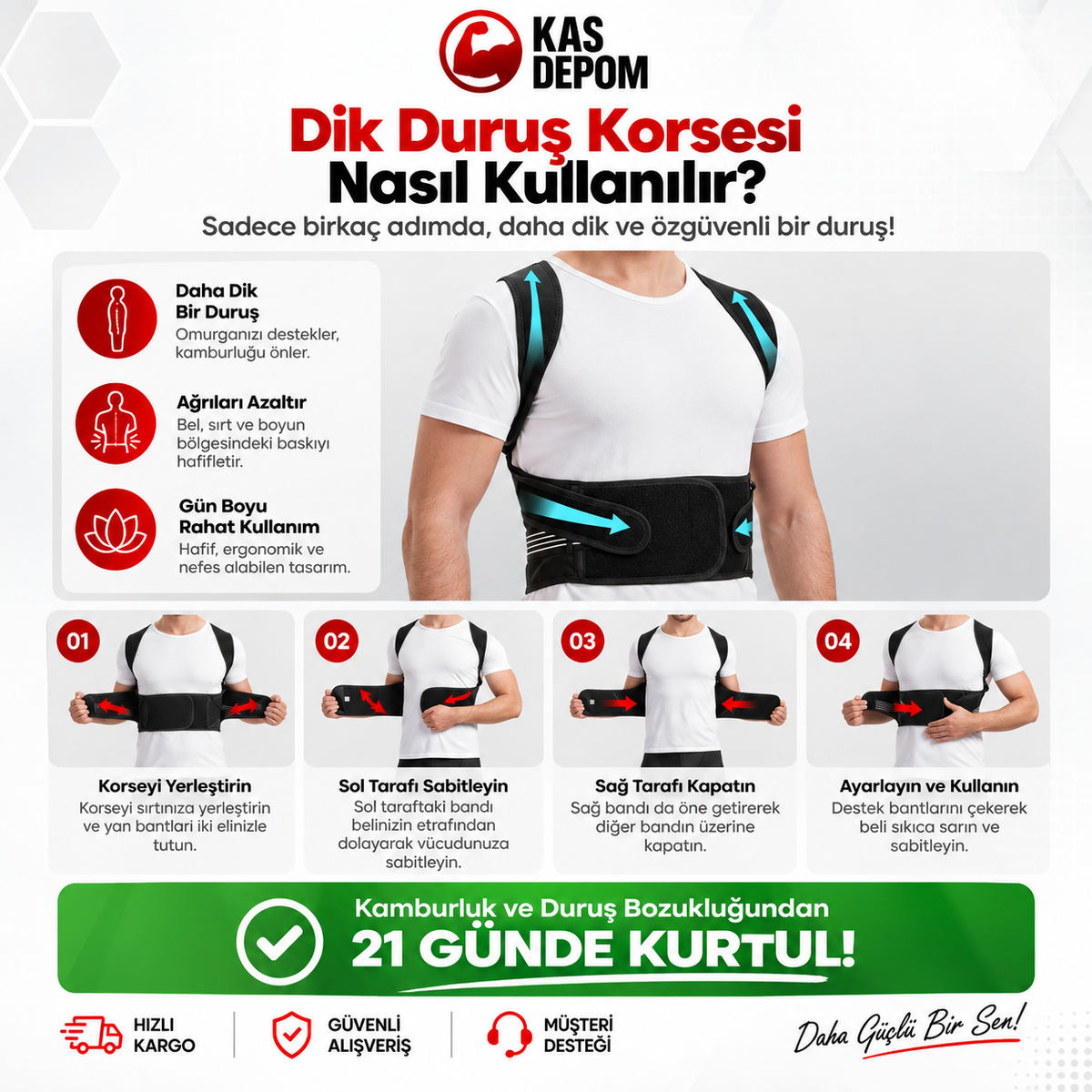 KAS DEPOM Dik Duruş Korsesi – Ayarlanabilir Omuz & Sırt Desteği